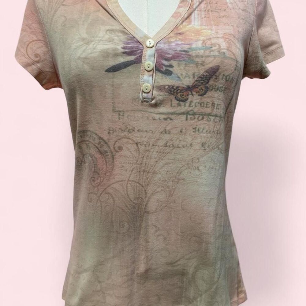 One World Y2K Butterfly Floral Henley Top